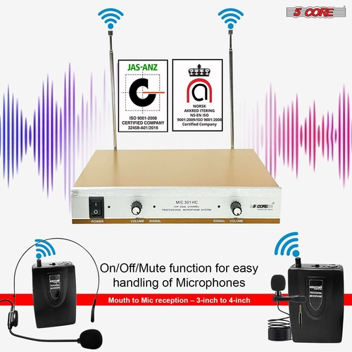 5 core microphones wireless systems 5 core vhf dual channel digital pro wireless microphone system with receiver wm 301 hc gld 37130204348653